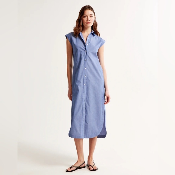 Abercrombie & Fitch Dresses & Skirts - ABERCROMBIE PINSTRIPE COTTON POPLIN MIDI SHIRT DRESS COASTAL RESORT Blue White S